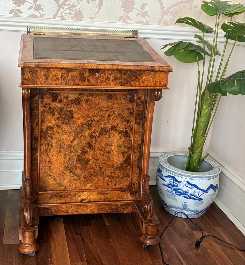 Victorian burr walnut Davenport writing desk with leather top and brass gallery rail